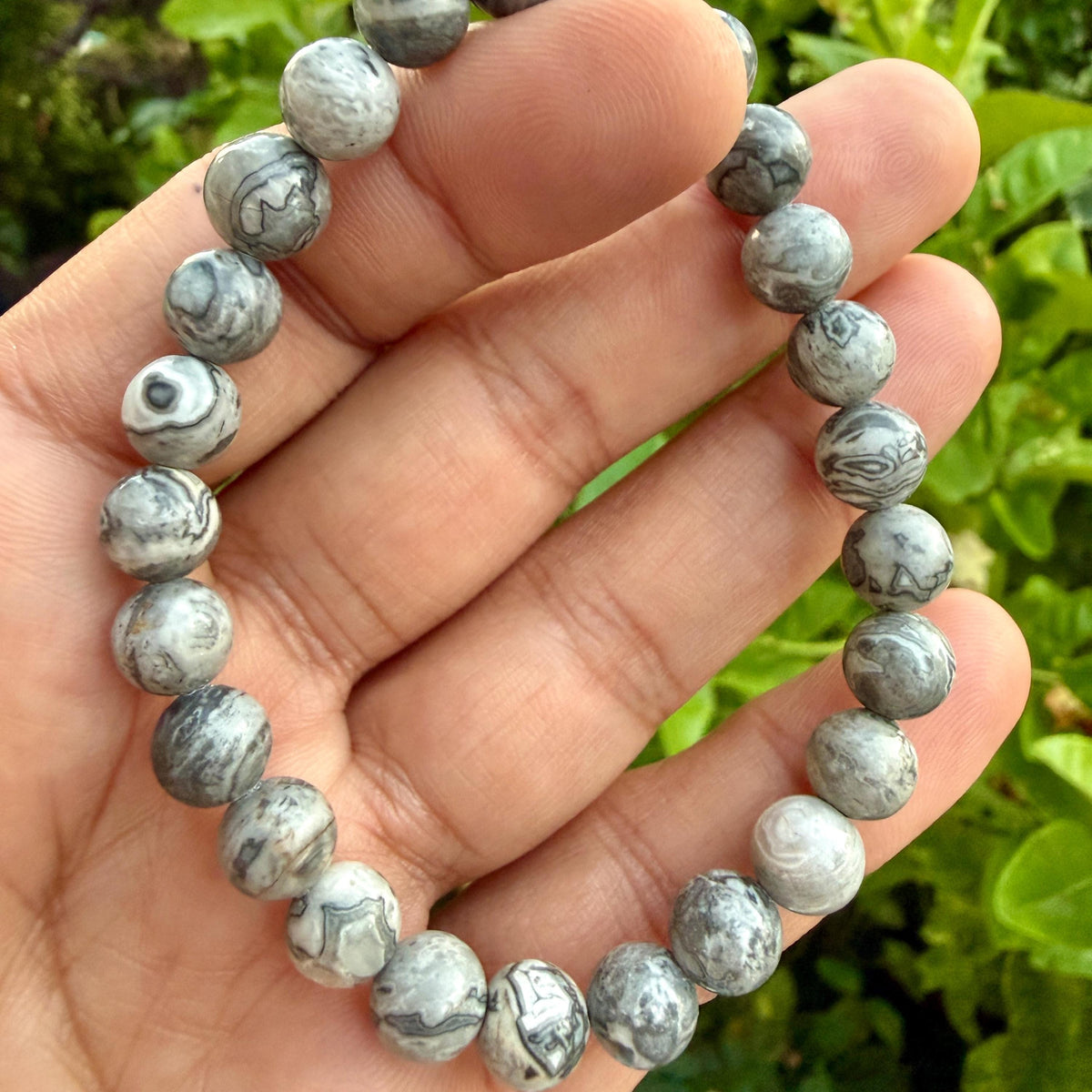 Picasso Jasper Bracelet – Gray Picasso Jasper Beaded Bracelet | Natural Picasso Marble | Spiderweb Pattern Stone Stretch Bracelet