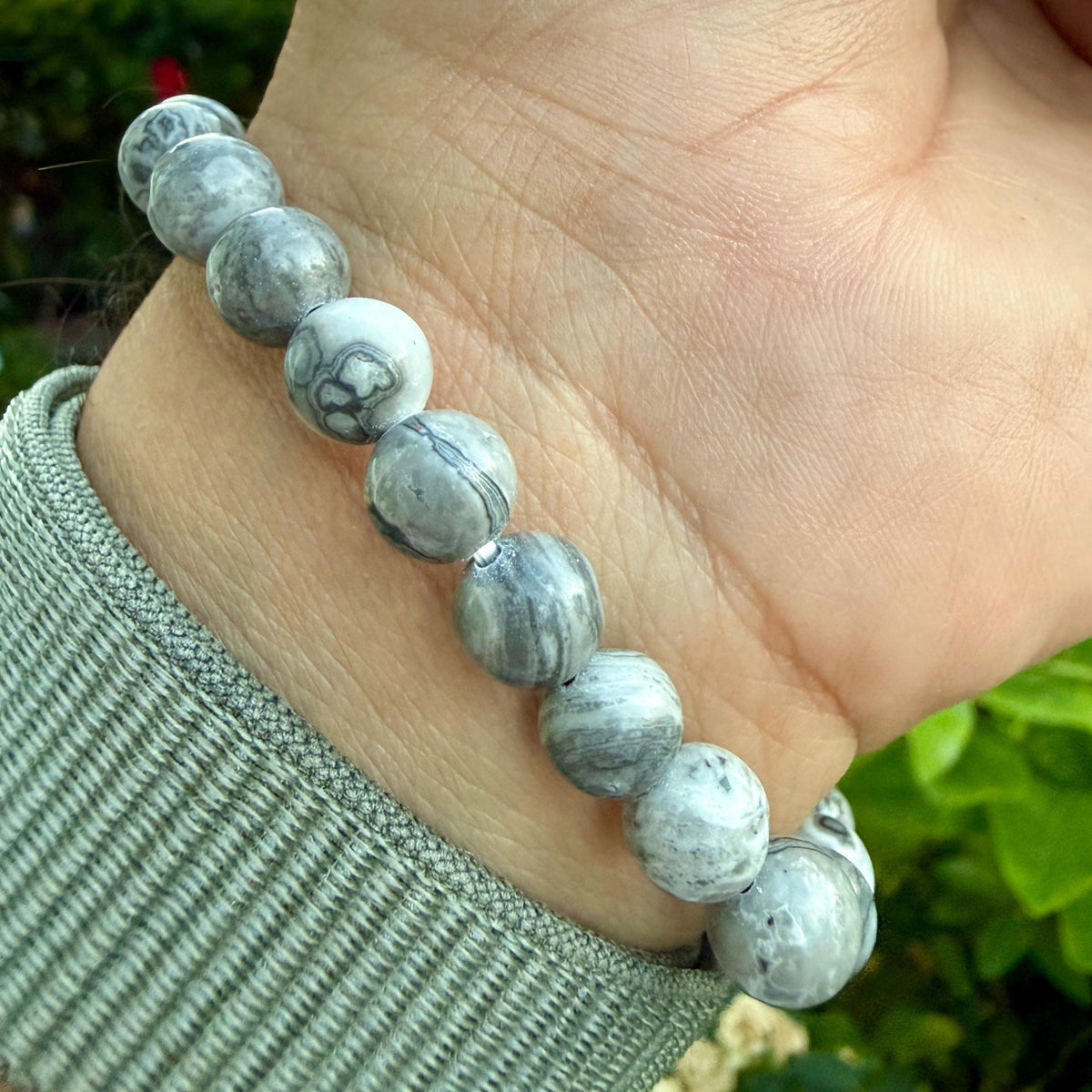 Picasso Jasper Bracelet – Gray Picasso Jasper Beaded Bracelet | Natural Picasso Marble | Spiderweb Pattern Stone Stretch Bracelet