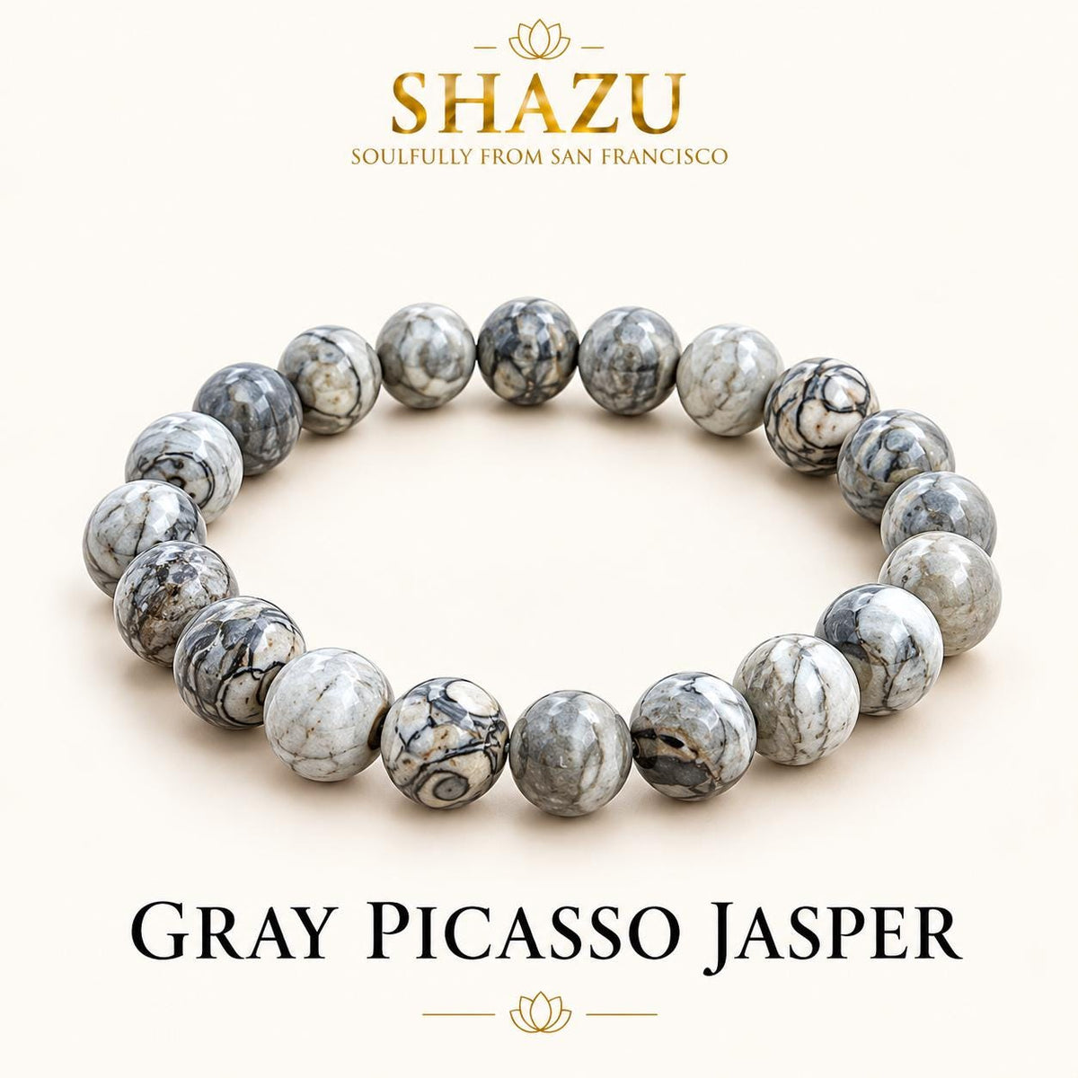 Picasso Jasper Bracelet – Gray Picasso Jasper Beaded Bracelet | Natural Picasso Marble | Spiderweb Pattern Stone Stretch Bracelet
