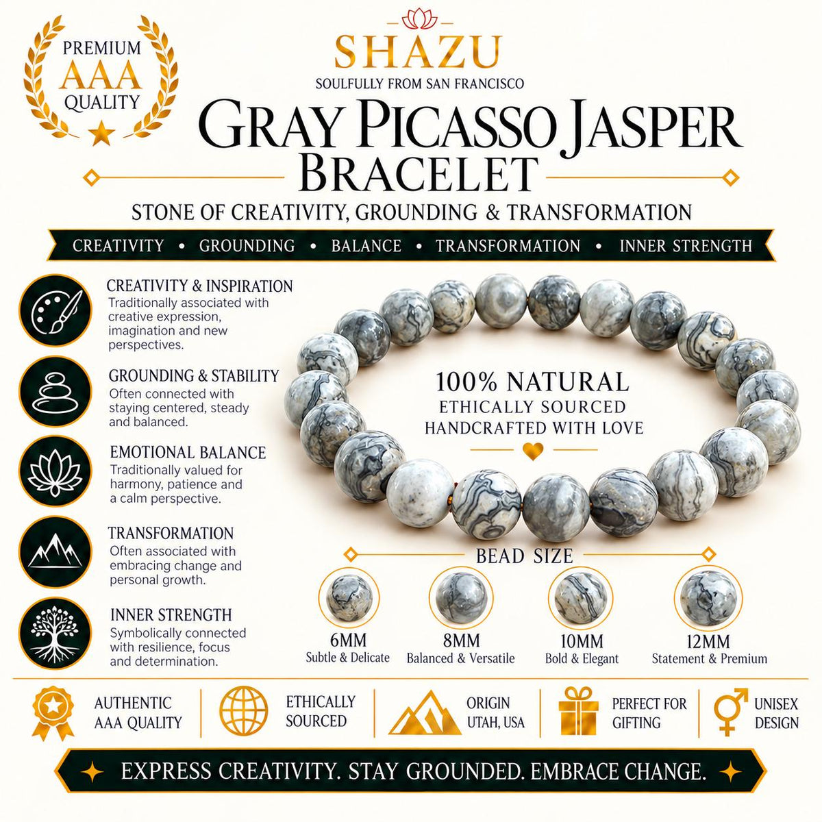 Picasso Jasper Bracelet – Gray Picasso Jasper Beaded Bracelet | Natural Picasso Marble | Spiderweb Pattern Stone Stretch Bracelet