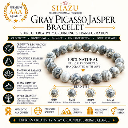 Picasso Jasper Bracelet – Gray Picasso Jasper Beaded Bracelet | Natural Picasso Marble | Spiderweb Pattern Stone Stretch Bracelet