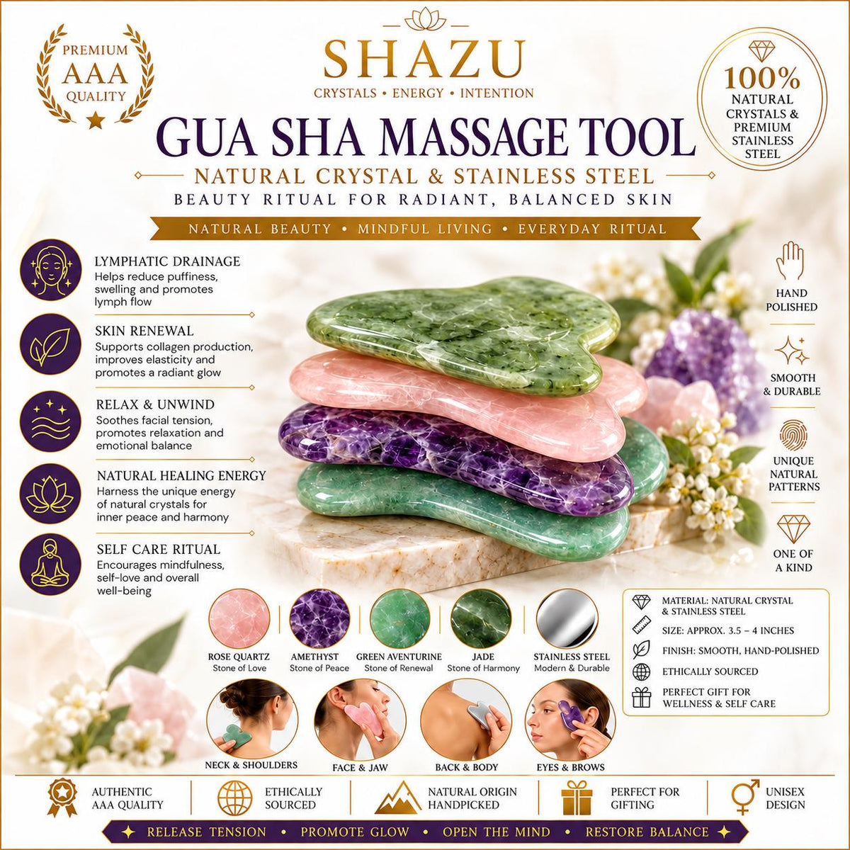 Gua Sha Facial Massage Tool – Natural Crystal Guasha Stone | Rose Quartz, Amethyst, Green Aventurine