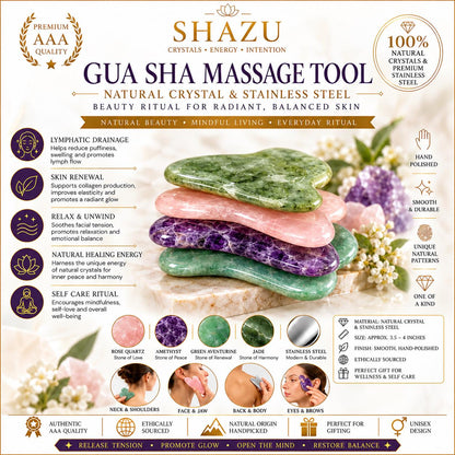 Gua Sha Facial Massage Tool – Natural Crystal Guasha Stone | Rose Quartz, Amethyst, Green Aventurine