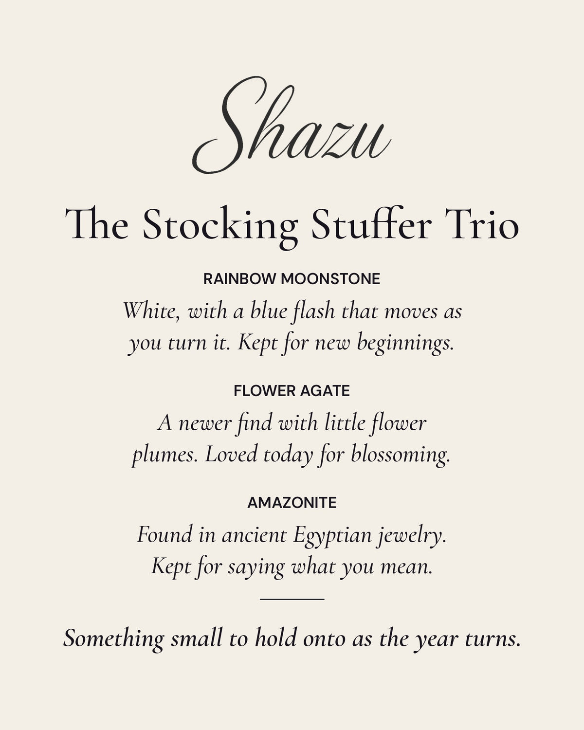 The Stocking Stuffer Trio card: one line on each of the three stones and a closing note