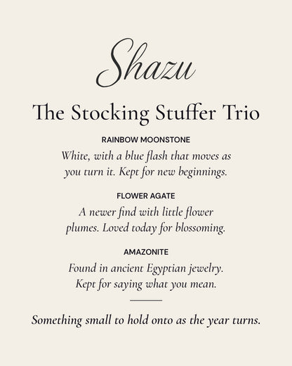 The Stocking Stuffer Trio card: one line on each of the three stones and a closing note
