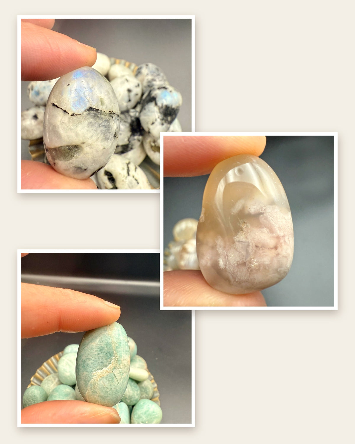 A rainbow moonstone, a flower agate and an amazonite tumbled stone, each held in fingertips: the three stones in the Stocking Stuffer Trio