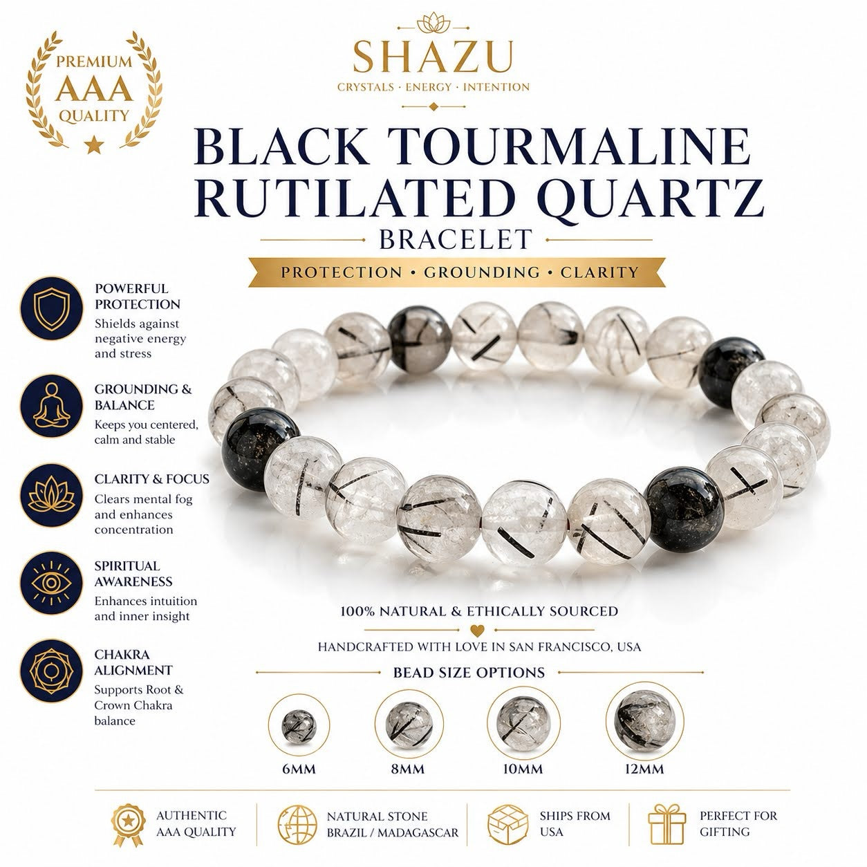 Premium Black Tourmaline and Rutilated Quartz bracelet — protection, grounding, clarity.